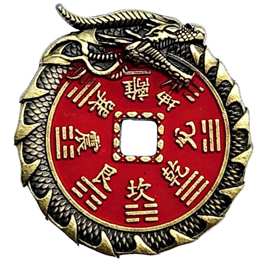 amulette dragon imperial du bagua feng shui rouge et or