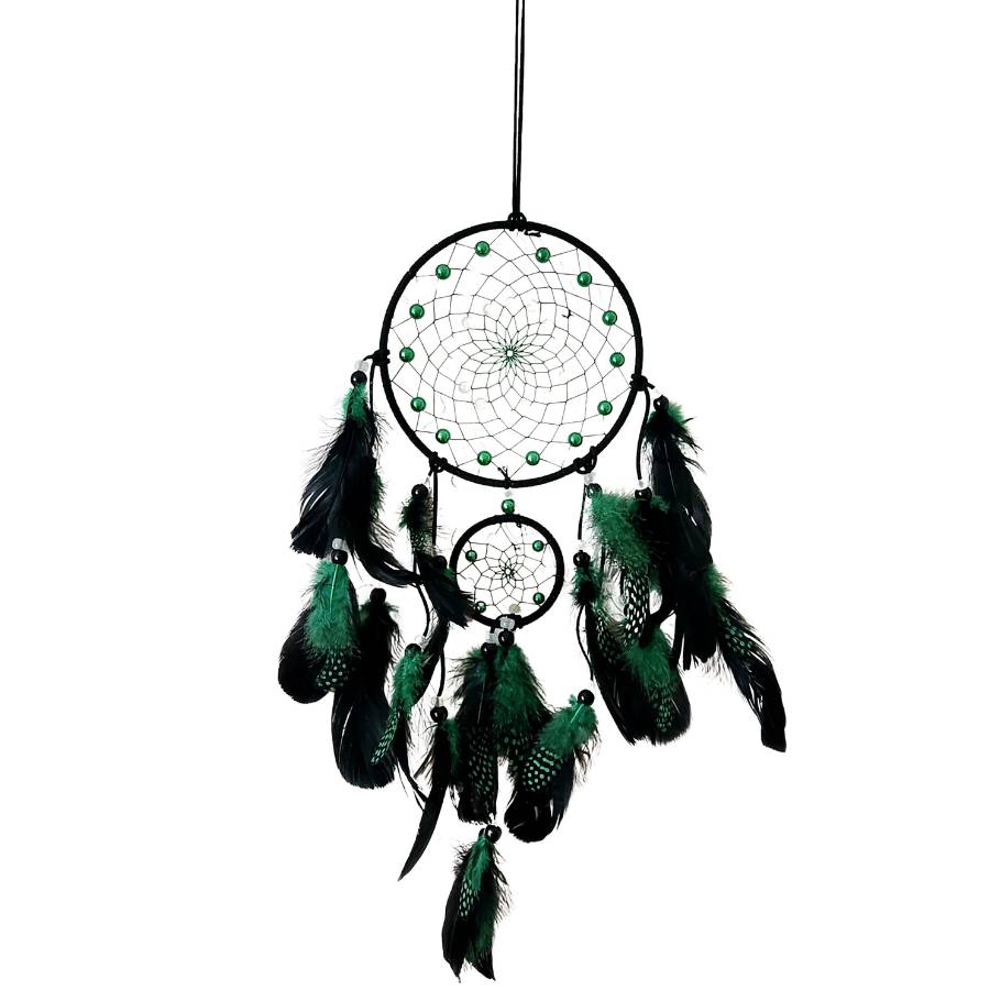 Attrape-rêves Forêt d'Émeraude Feng Shui noir et vert avec plumes décoratives