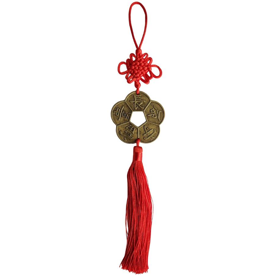 Suspension Feng Shui Fleur de Prunier et nœud mystique rouge