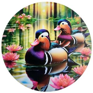 Plaque Décorative Canards de l'Amour Feng Shui avec couple de canards mandarins et fleurs de lotus