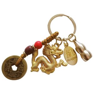 porte-clés dragon de prospérité feng shui avec cinq pièces impériales