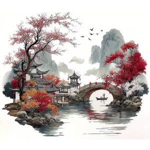 Sticker Pont de l'Harmonie Feng Shui avec paysage asiatique, pagode, pont, montagne et lac