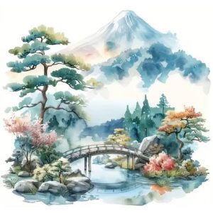 Sticker Pont de la Protection Feng Shui avec montagne, pont et paysage zen