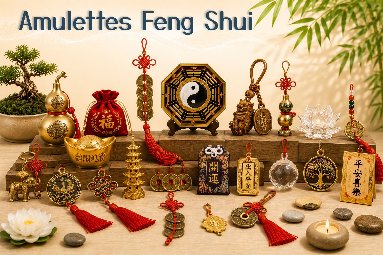 Amulettes Feng Shui avec Wu Lou, porte-clés Pi Yao, lingot chinois, pagode, pièces chinoises, cristaux et talismans porte-bonheur