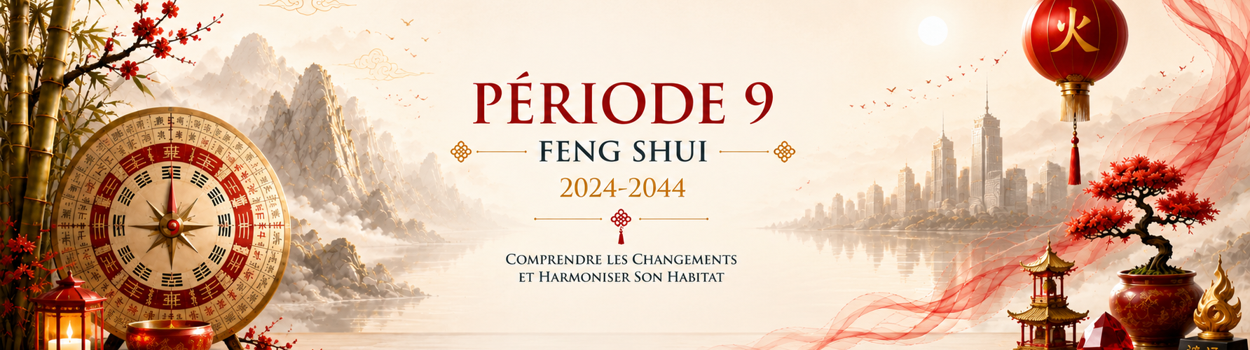 Bannière illustrant la Période 9 Feng Shui (2024-2044) avec une boussole Luo Pan, une lanterne chinoise et un paysage asiatique symbolisant les nouvelles énergies.