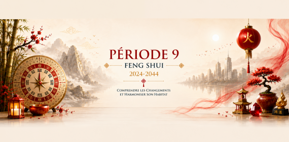 Bannière illustrant la Période 9 Feng Shui (2024-2044) avec une boussole Luo Pan, une lanterne chinoise et un paysage asiatique symbolisant les nouvelles énergies.