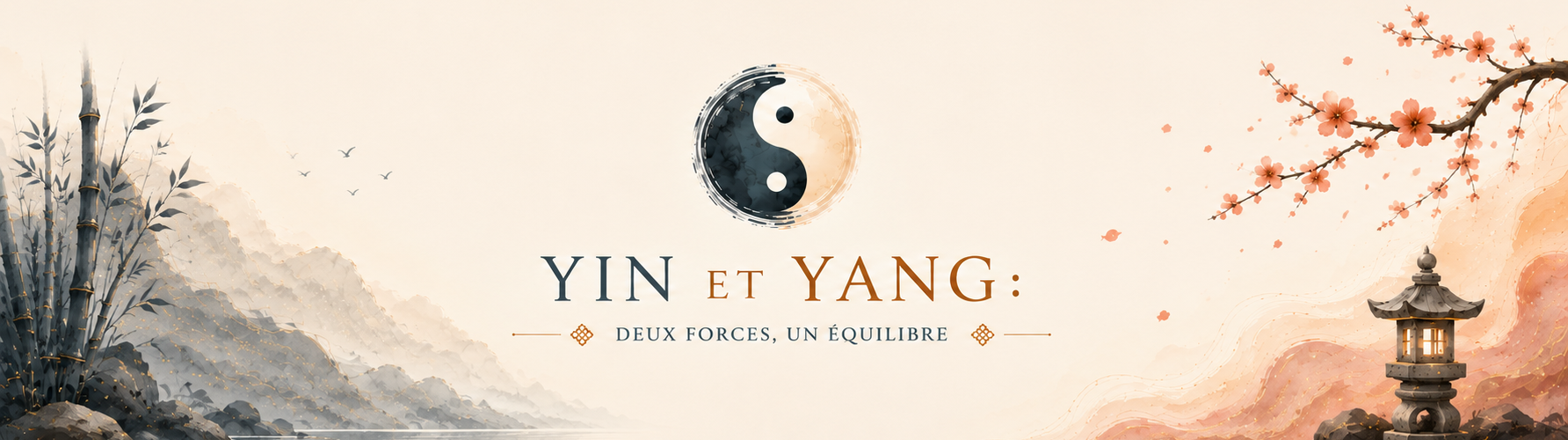 Illustration Yin et Yang Feng Shui représentant l'équilibre entre les deux forces complémentaires dans un paysage asiatique apaisant.