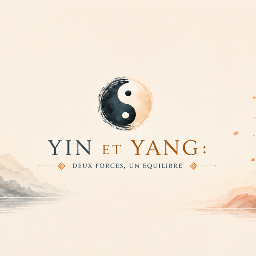 Illustration Yin et Yang Feng Shui représentant l'équilibre entre les deux forces complémentaires dans un paysage asiatique apaisant.