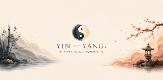Illustration Yin et Yang Feng Shui représentant l'équilibre entre les deux forces complémentaires dans un paysage asiatique apaisant.