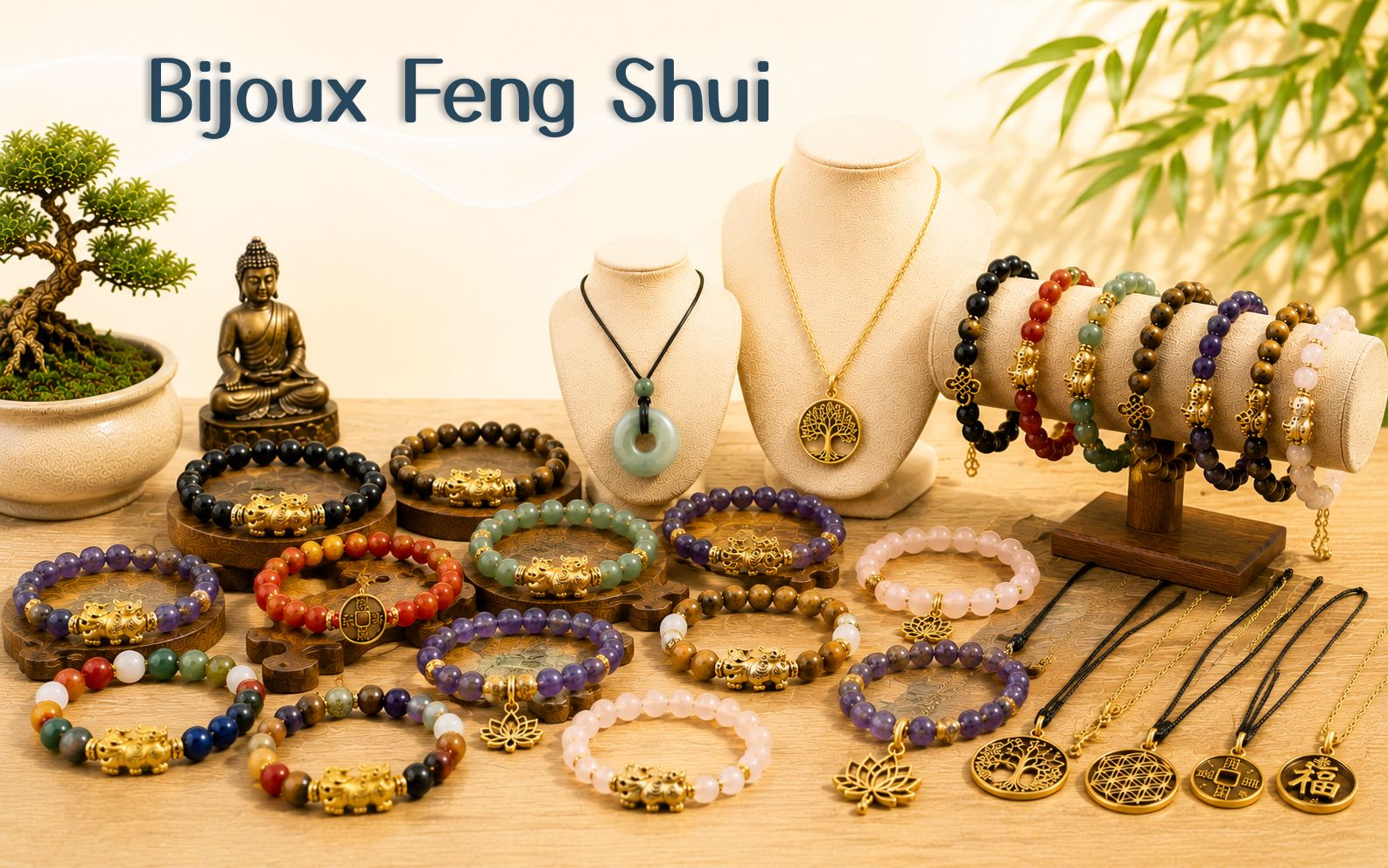 Bijoux Feng Shui avec bracelets Pi Yao, bracelets en pierres naturelles et colliers porte-bonheur pour harmonie et protection