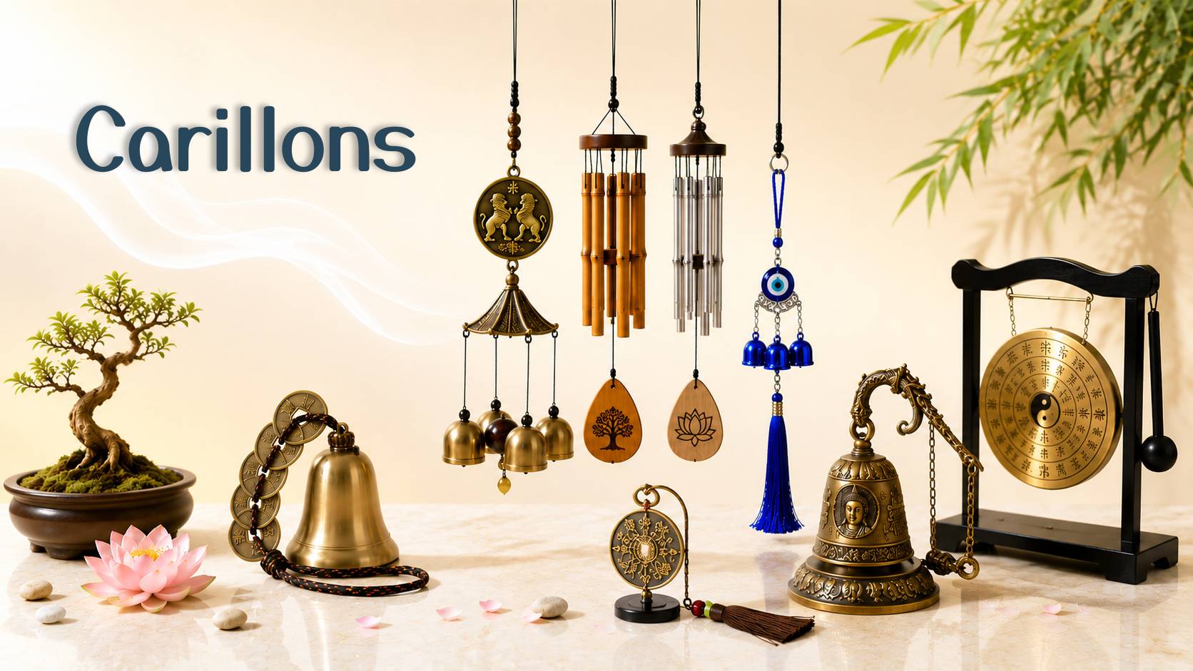 Carillons Feng Shui en bois, métal, laiton et gong décoratif dans une ambiance zen et harmonieuse