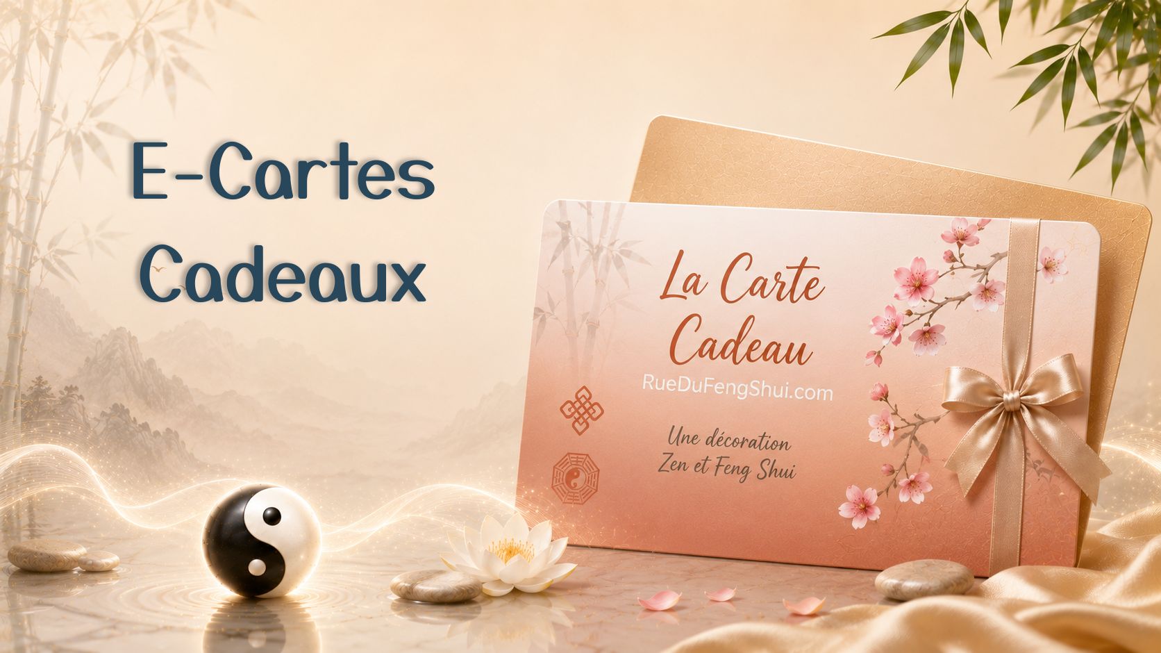 Carte cadeau Feng Shui RueDuFengShui.com décorée de fleurs de cerisier dans une ambiance zen et harmonieuse