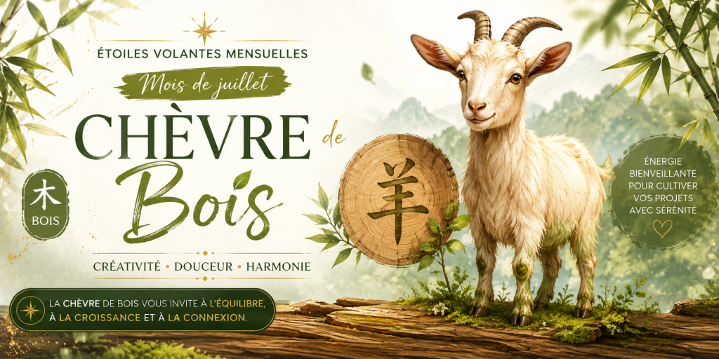 Chèvre de Bois du mois de juillet 2026 illustrant les énergies des étoiles volantes mensuelles Feng Shui