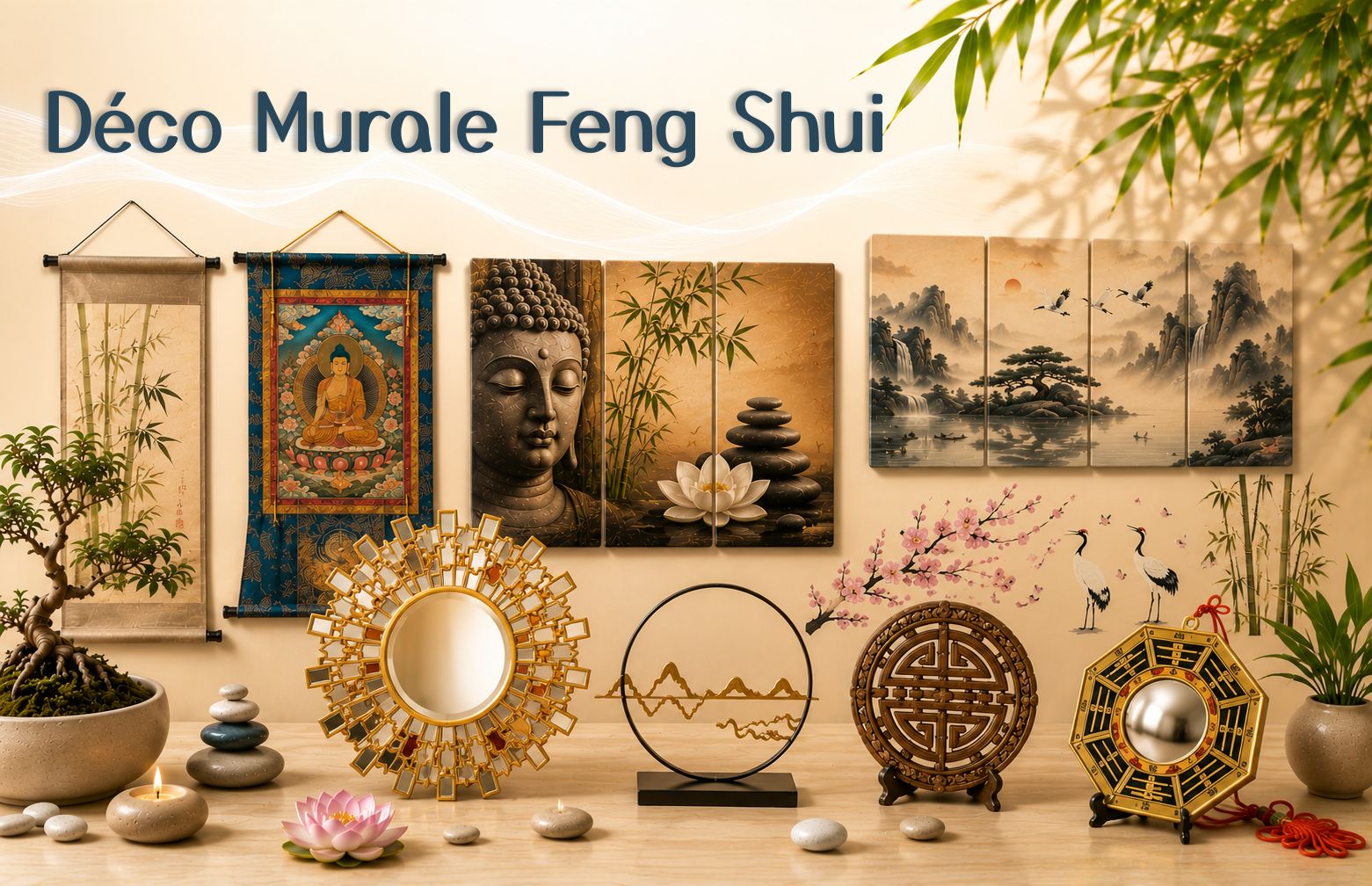 Décoration murale Feng Shui avec kakemonos, tangka, tableaux, miroir soleil, stickers et ornements décoratifs zen