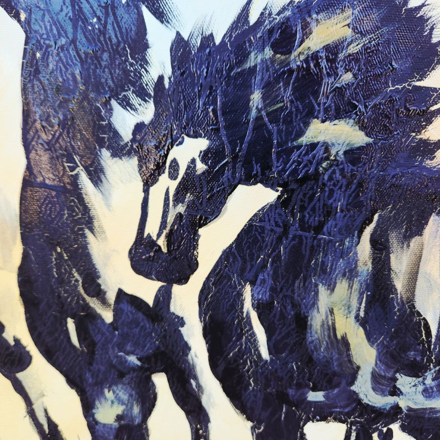 Détail de la Peinture à l'huile Chevaux au Galop peinte à la main avec reliefs de peinture