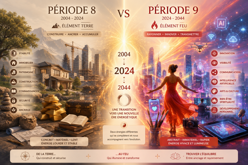 Comparaison entre la Période 8 et la Période 9 en Feng Shui illustrant le passage de l'élément Terre à l'élément Feu et leurs influences sur notre société.