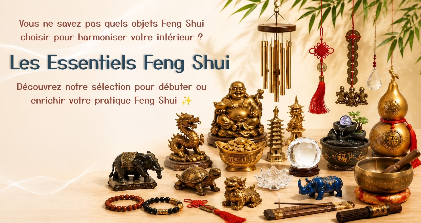 Les essentiels Feng Shui avec Bouddha rieur, dragon, éléphant, tortue, rhinocéros bleu, carillon, Wu Lou, fontaine, boule de cristal et objets porte-bonheur