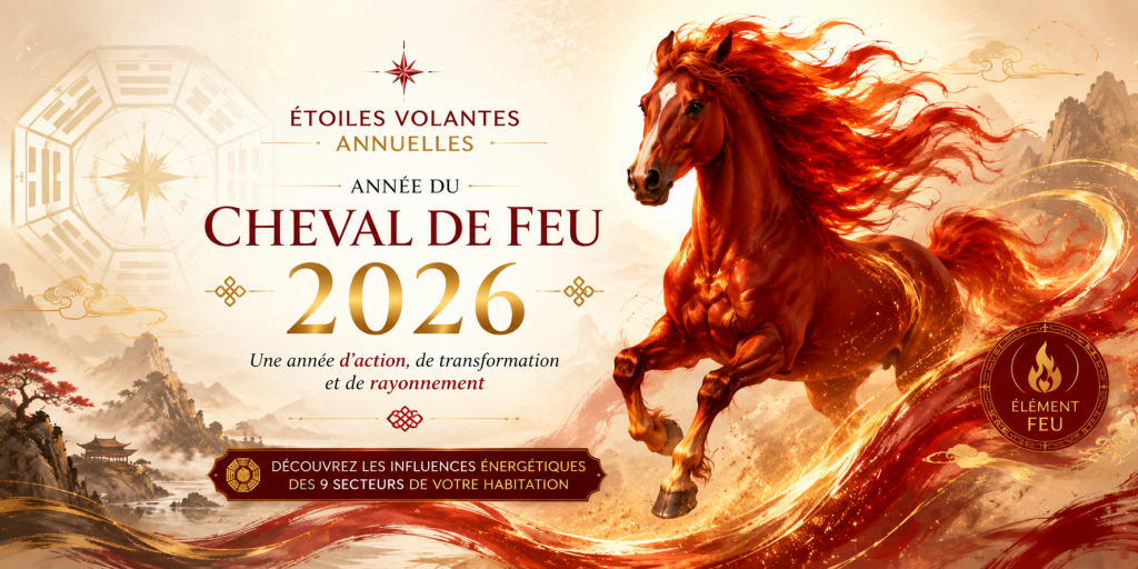 Étoiles volantes annuelles Feng Shui 2026 illustrant l'année du Cheval de Feu et les influences énergétiques des neuf secteurs