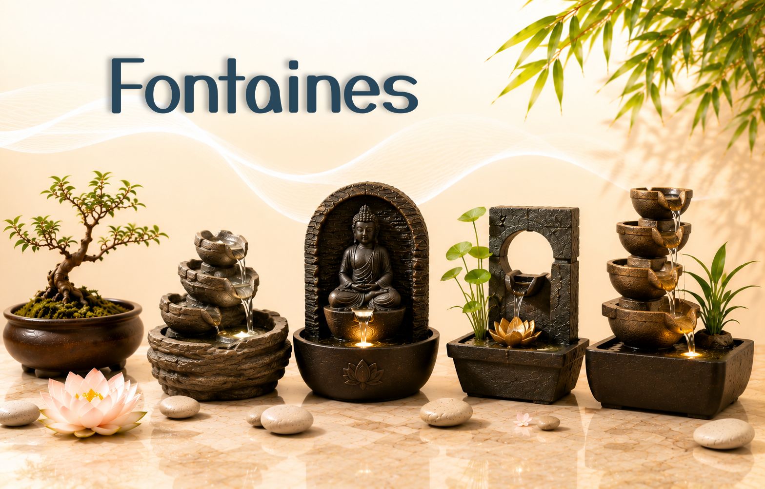 Fontaines Feng Shui d'intérieur avec Bouddha, cascades d'eau et fontaines zen pour harmoniser les énergies