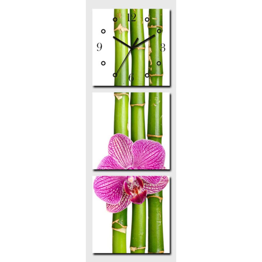 Horloge Bambous et Orchidée Feng Shui avec bambous verts et orchidées roses