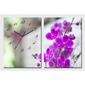 Horloge Diptyque Orchidées Fushia Feng Shui avec fleurs d'orchidées violettes
