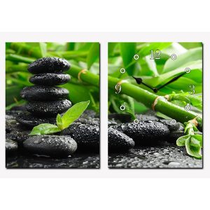 Horloge Galets et Bambous Printaniers Feng Shui avec bambous verts et galets zen