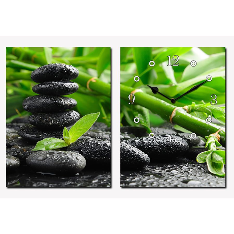 Horloge Galets et Bambous Printaniers Feng Shui avec bambous verts et galets zen