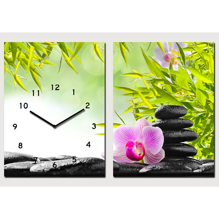 Horloge Murale Bambous de la Fraîcheur Feng Shui avec bambous, orchidée rose et galets zen