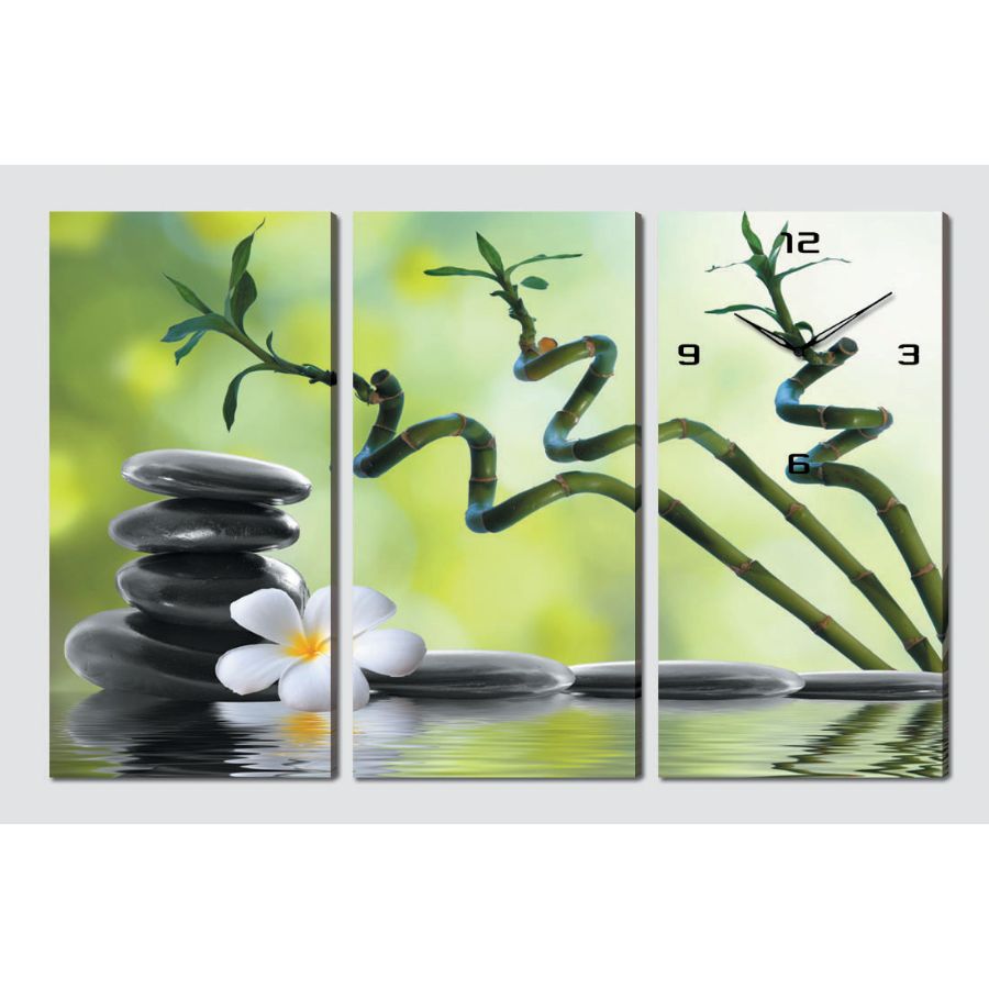 Horloge Murale Bambous et Galets Feng Shui avec bambous, galets empilés et fleur blanche
