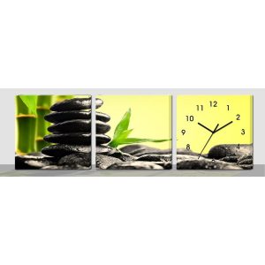 Horloge Murale Bambous et Galets Cairn Feng Shui avec bambous et empilement de galets