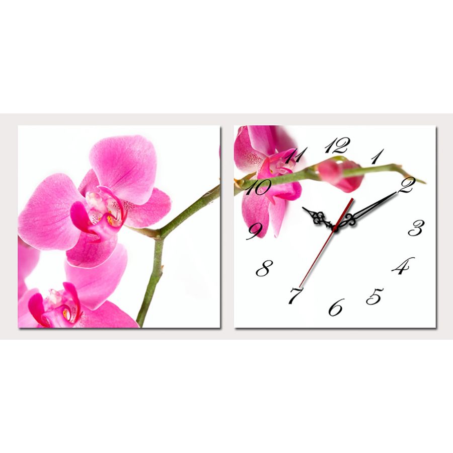 Horloge Murale Diptyque Fleurs d'Orchidées Feng Shui avec orchidées roses