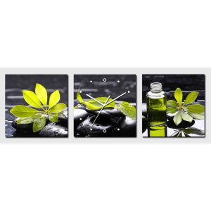 Horloge Murale Feuilles Feng Shui avec feuilles vertes, galets noirs et tableau triptyque zen