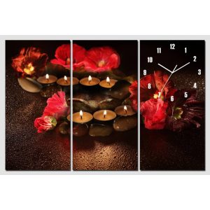 Horloge Murale Fleurs d'Hibiscus aux Bougies Feng Shui avec hibiscus, bougies et galets