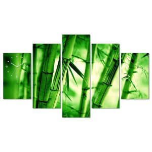 Horloge Murale Forêt de Bambous Feng Shui en cinq panneaux représentant une forêt de bambous verts