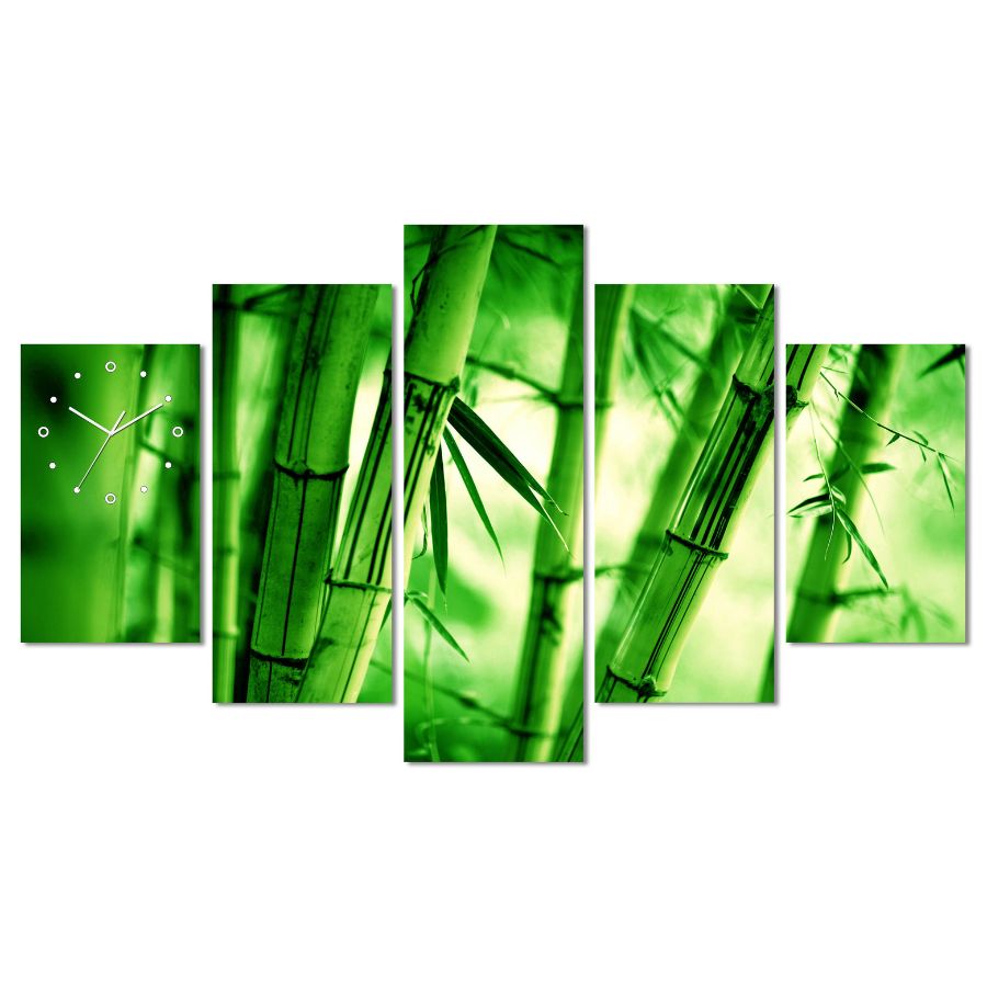 Horloge Murale Forêt de Bambous Feng Shui en cinq panneaux représentant une forêt de bambous verts