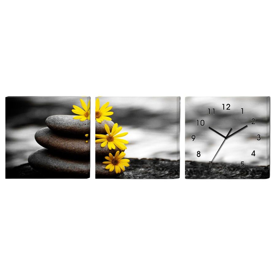 Horloge Murale Galets aux Marguerites décoration Feng Shui avec galets et fleurs jaunes