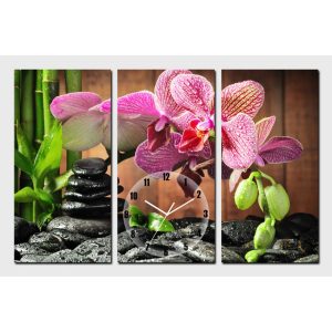 Horloge Murale Orchidées Feng Shui avec bambous, orchidées roses et galets zen