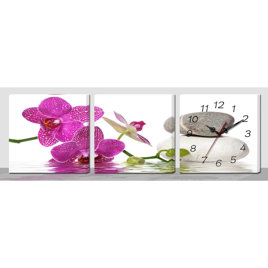 Horloge Murale Orchidées Exotiques Feng Shui avec orchidées et galets