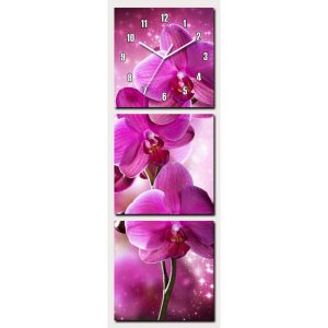 Horloge Murale Orchidées fushia Feng Shui triptyque