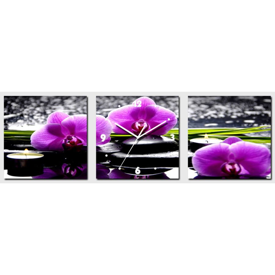Horloge Trois Fleurs d'Orchidées Feng Shui triptyque