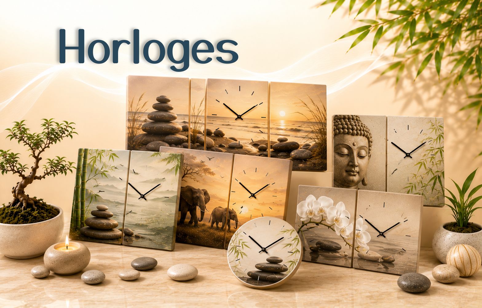 Horloges Feng Shui triptyques, dyptiques et horloge ronde pour une décoration murale zen et harmonieuse