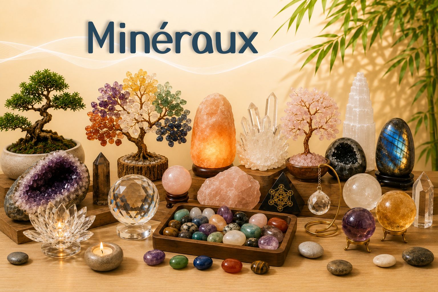 Minéraux Feng Shui avec arbres en pierres, géode d'améthyste, sphères de cristal, pierres roulées, lampe de sel et cristaux naturels
