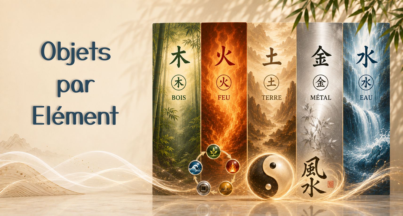 Les cinq éléments Feng Shui : Bois, Feu, Terre, Métal et Eau avec Yin Yang et cycle productif des éléments