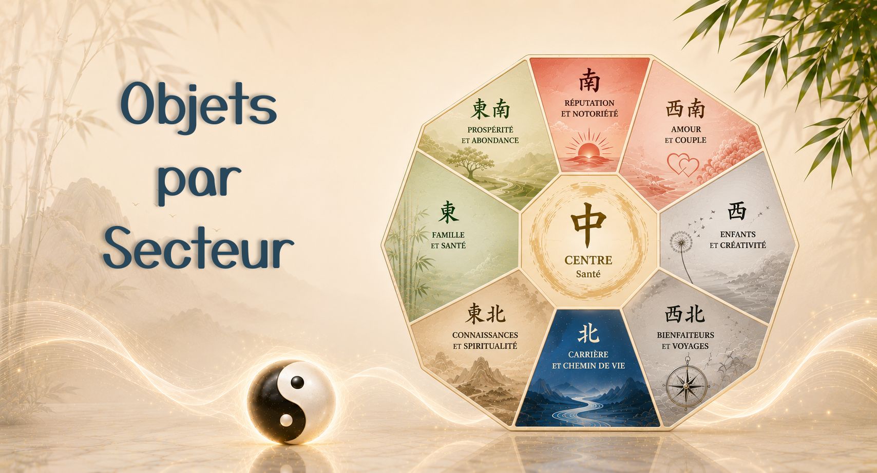 Bagua Feng Shui représentant les neuf secteurs de vie : carrière, connaissances, famille, prospérité, réputation, amour, enfants, bienfaiteurs et centre santé