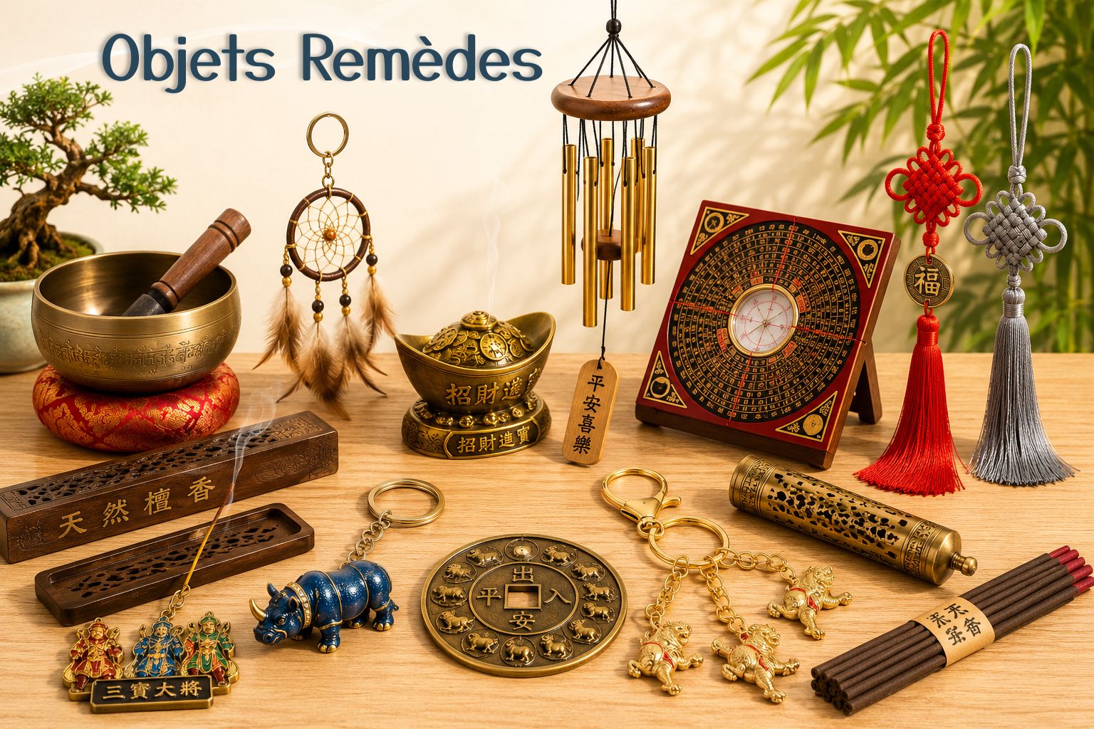 Objets remèdes Feng Shui avec bol chantant, Luopan, carillon, encens, bol d'abondance, porte-clés protecteurs et suspensions énergétiques