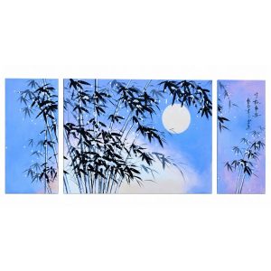 Peinture à l'huile Bambou Bleu peinte à la main représentant des bambous sous la lune Feng Shui
