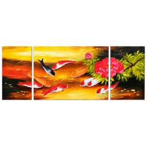 Peinture à l'huile Poissons Carpes Jaune peinte à la main représentant des carpes Koï Feng Shui