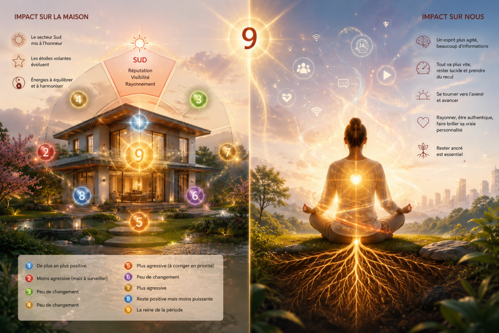 Illustration de la Période 9 Feng Shui montrant son impact sur les étoiles volantes de la maison et sur l'équilibre énergétique des habitants.