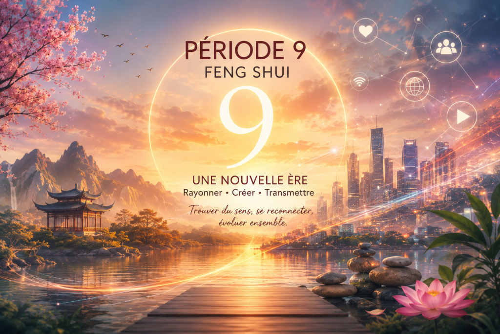 Illustration de la Période 9 Feng Shui symbolisant la transition vers une nouvelle ère marquée par l'élément Feu, l'innovation et le rayonnement.