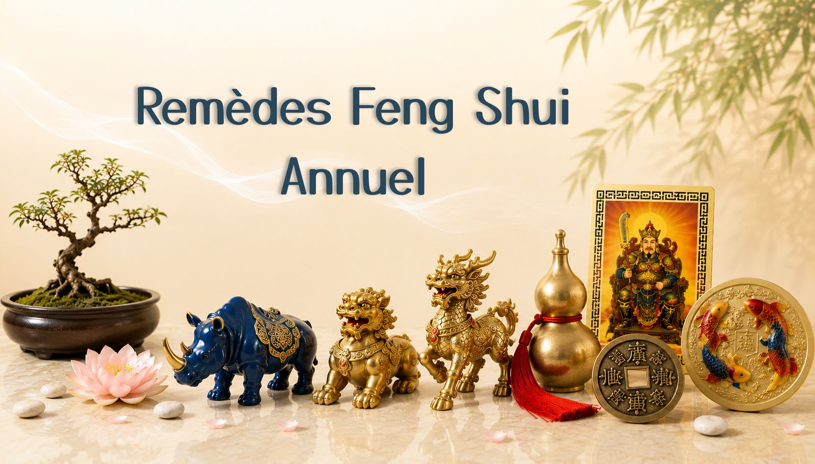 Remèdes Feng Shui annuel avec rhinocéros bleu, Pi Yao, Chi Lin, Wu Lou, Tai Sui et amulettes de protection